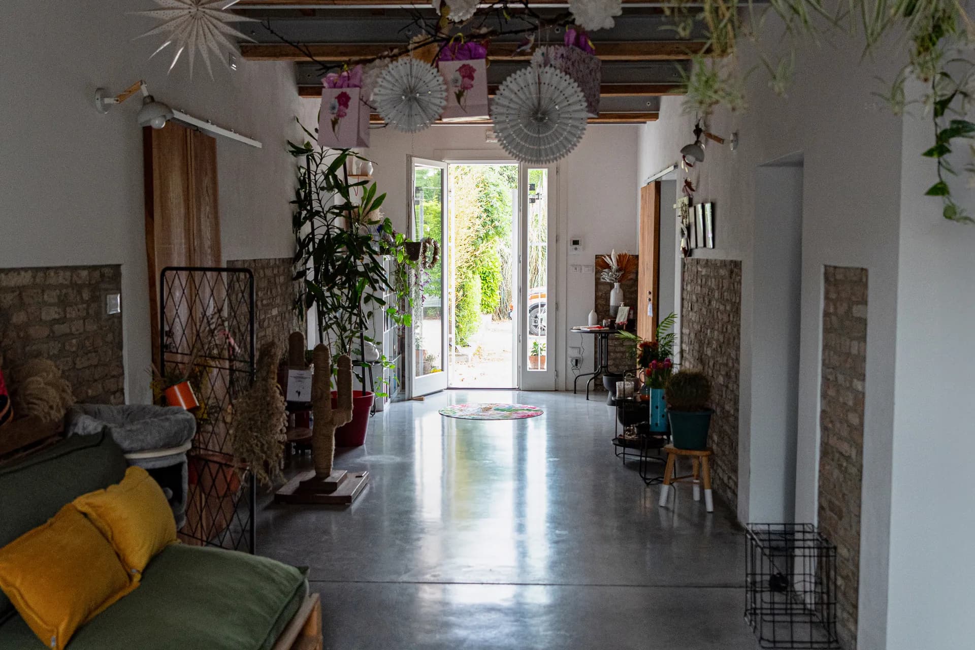 Corridoio d'ingresso con piante, mobile a specchi e luce naturale dalla porta aperta