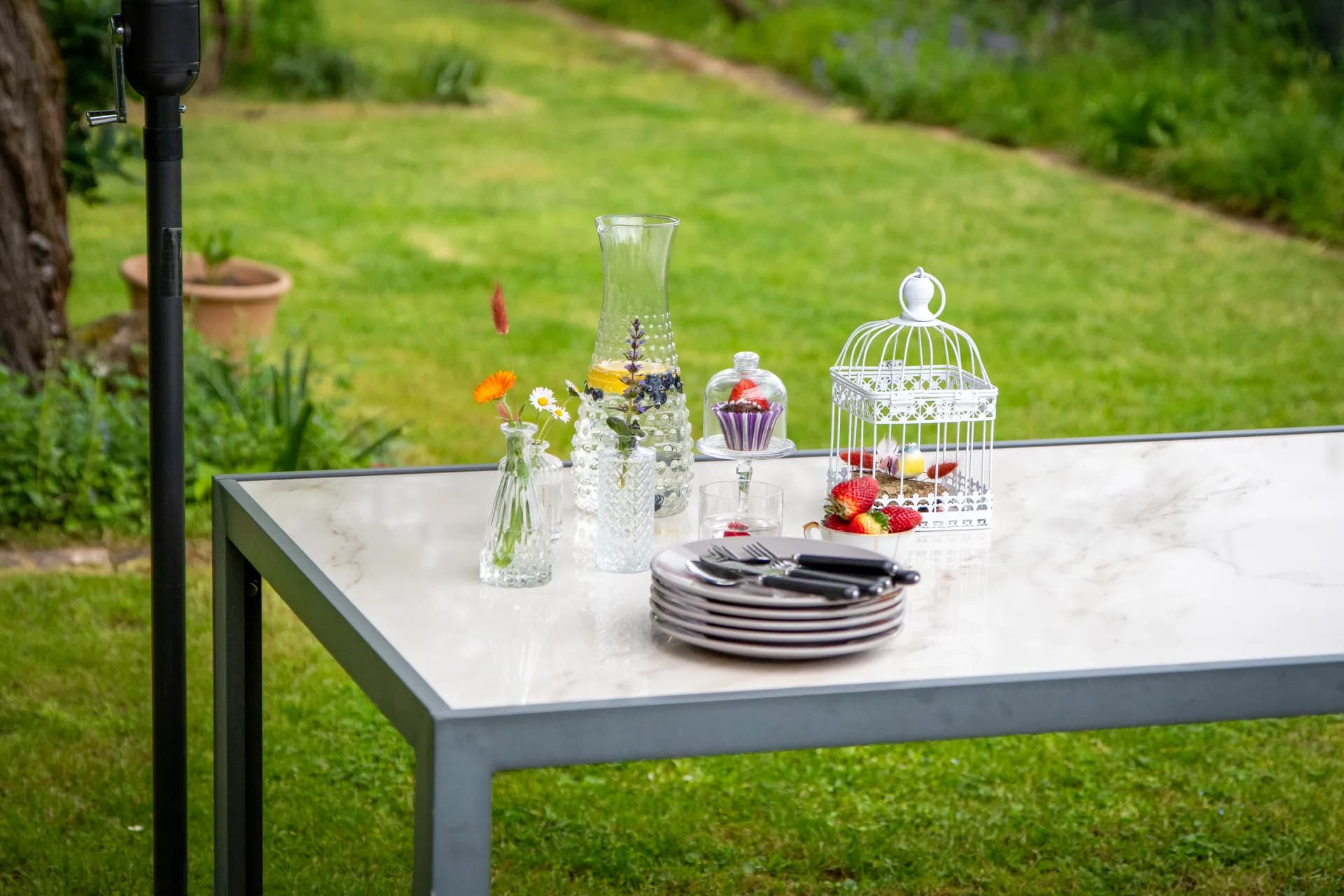 Tavola apparecchiata in giardino con fiori, caraffa e gabbietta vintage